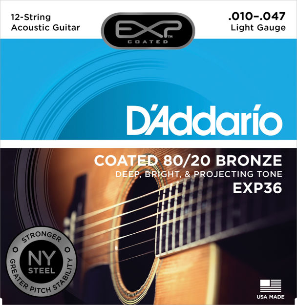 D'Addario EXP36 Coated 80/20 Bronze 12-String Acoustic Guitar Strings, Light, 10-47