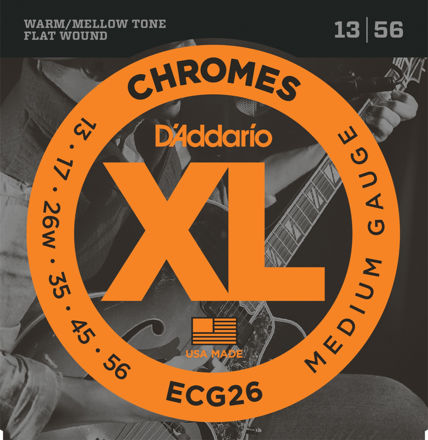 D'Addario ECG26 Chromes Flat Wound Electric Guitar Strings, Medium, 13-56